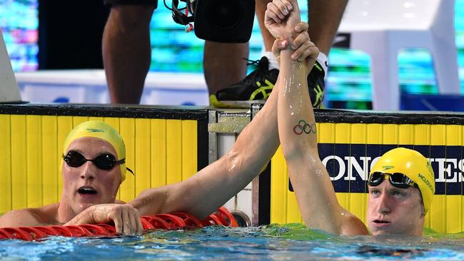 Jack McLoughlin of Australia celebrates with teammate Mack Horton following victory in the Men's 1500m Freestyle Final. Picture: Getty Images