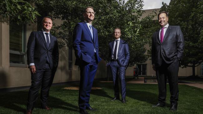 Young Liberal powerbrokers, from left, Tim Wilson, Andrew Bragg, James Paterson and Jason Falinski at Parliament House in Canberra. Picture: Sean Davey