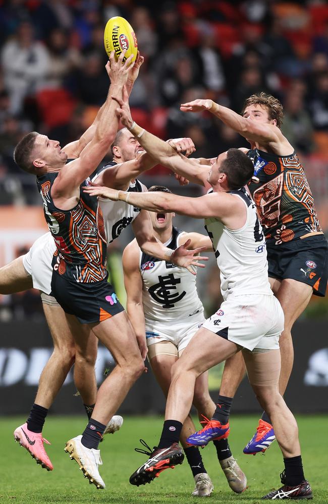 Jesse Hogan takes a strong mark on Saturday night. Picture: Matt King/AFL Photos