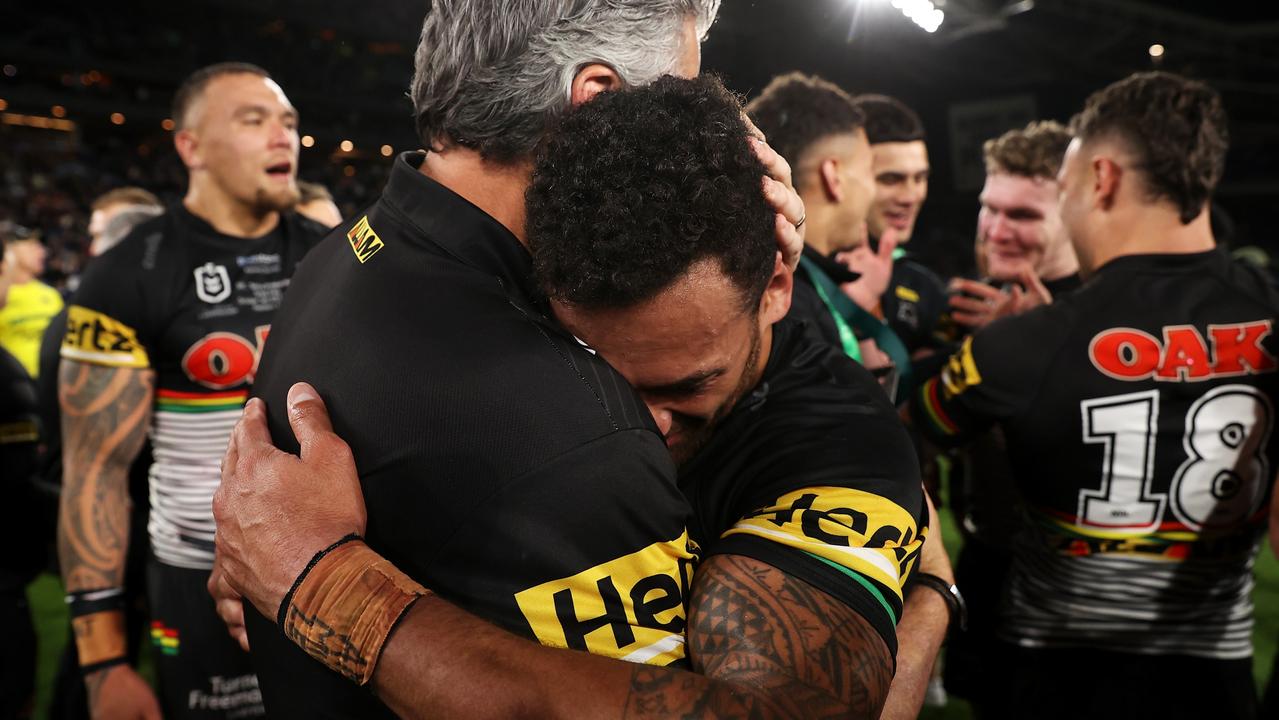 Panthers coach Ivan Cleary and Apisai Koroisau. Picture: Mark Kolbe/Getty Images