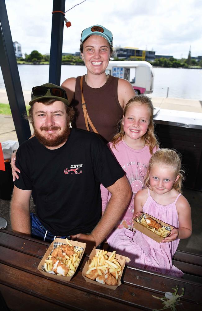 Jake, Ebony, Sadie, 5, and Shiylo Eldred, 8, at Picnic by the Lake, Kawana. Picture: Patrick Woods.