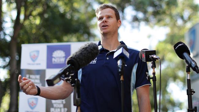 Steve Smith speaks to the media at Sydney Olympic Park on Monday. Picture: Getty Images