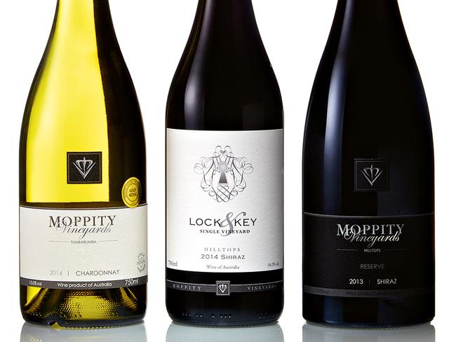 TWAM-20160220 EMBARGO FOR TWAM 20 Feb 2016 NO REUSE WITHOUT PERMISSION Pic : supplied 2014 Moppity Single Vineyard Estate Tumbarumba Chardonnay, 2014 Moppity Lock & Key Single Vineyard Hilltops Shiraz, 2013 Moppity reserve Hilltops Shiraz