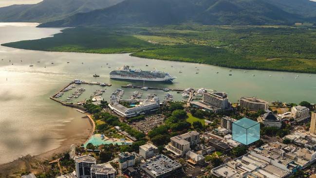 An aerial image of the Cairns CBD showing the subject site at the corner of Abbott and Spence streets. Picture: Supplied