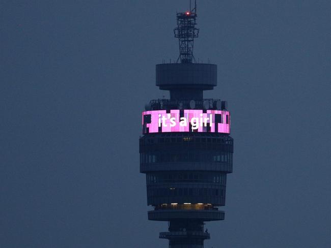 A public announcement message announcing "it's a girl" is displayed on the BT Tower communications building to celebrate the Duke and Duchess of Cambridge's newborn baby, in London, Saturday May 2, 2015. Kate, the Duchess of Cambridge, gave birth to their second child, a daughter, at St. Mary's Hospital in London on Saturday, May 2, and the baby's name is not yet announced. (Yui Mok / PA VIA AP) UNITED KINGDOM OUT - NO SALES - NO ARCHIVES