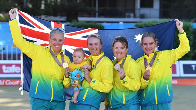 Natasha Scott, Kelsey Cottrell with her baby Sienna, Rebecca van Asch and Carla Krizanic. Picture: AAP/Darren England