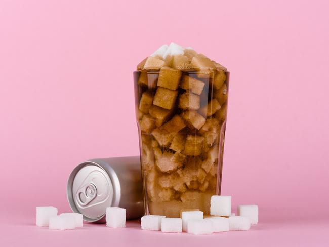 Unhealthily diet with sweet sugary soft drinks concept. processed foods