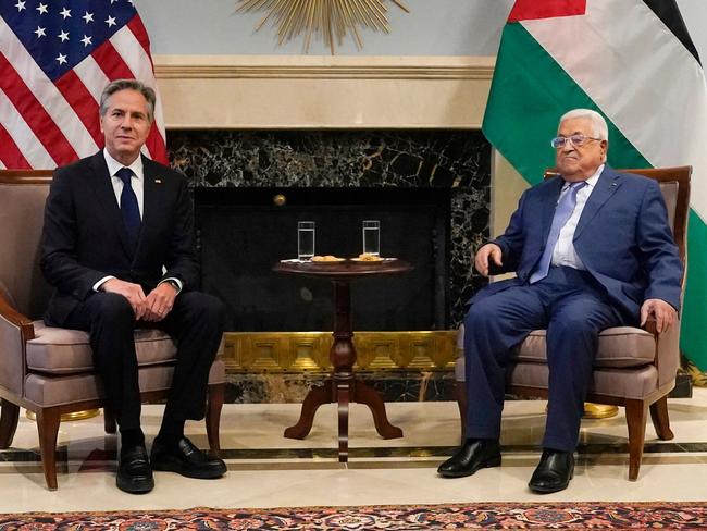 Palestinian President Mahmoud Abbas with US Secretary of State Antony Blinken said Palestinians would not be “forcibly removed” from Gaza. Picture: AFP