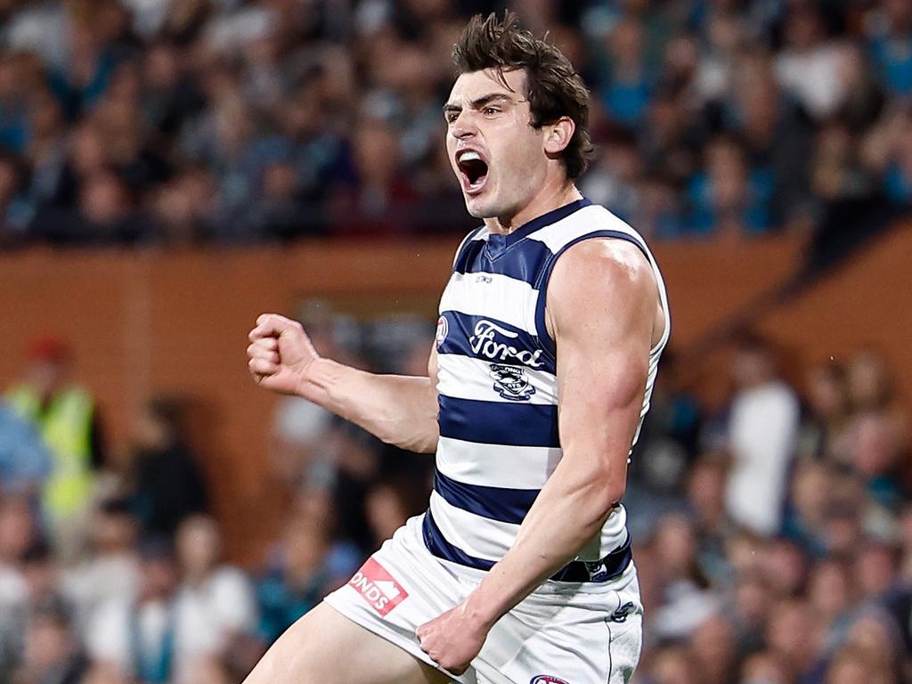 Shaun Mannagh celebrates a goal in last year’s qualifying final. Picture: Michael Willson/AFL Photos via Getty Images