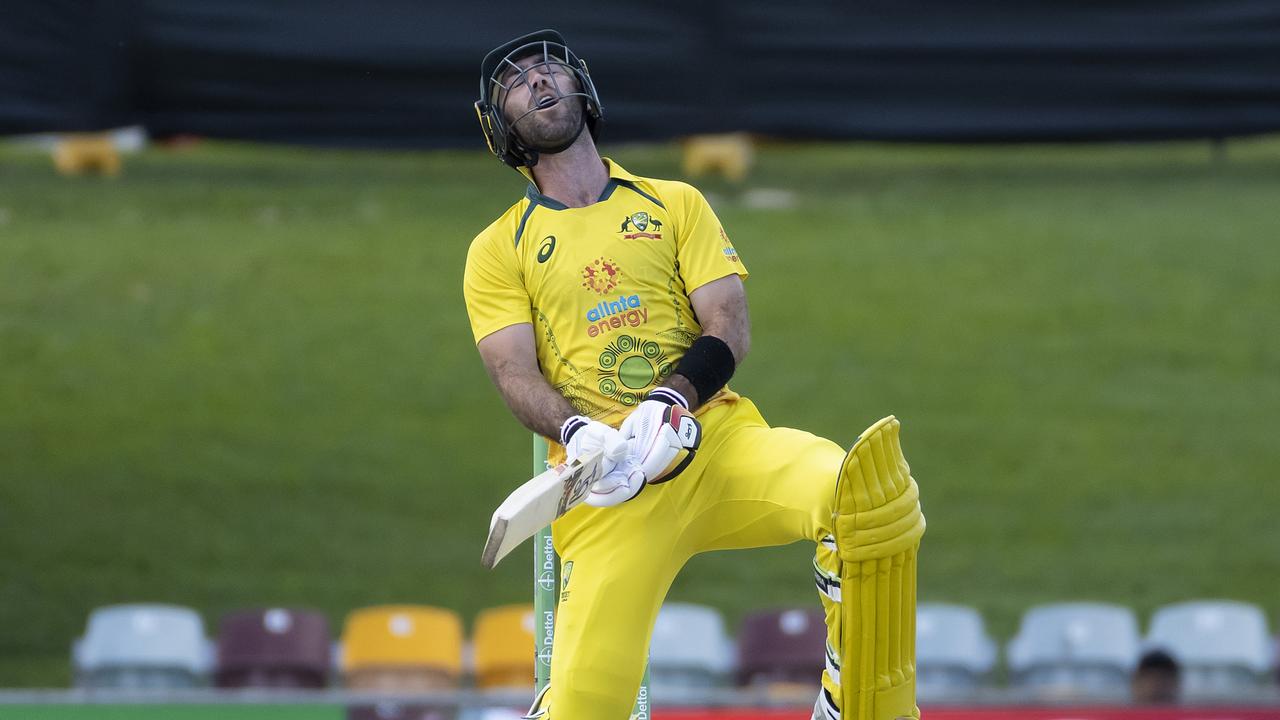 CAIRNS, AUSTRALIA - SEPTEMBER 08: Glenn Maxwell of Australia reacts during game two of the One Day International Series between Australia and New Zealand at Cazaly's Stadium on September 8, 2022 in Cairns, Australia. (Photo by Emily Barker/Getty Images)