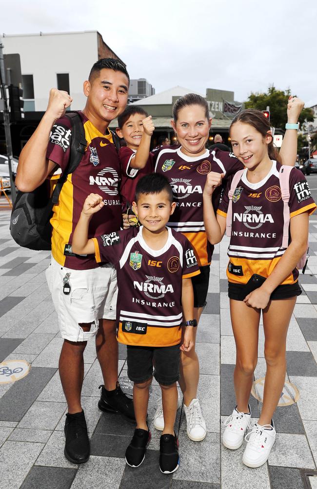 Vu Pham, Kailah Pham, Harvey Pham, 5, Asher Pham, 7, and Bailey Rayner, 12 pictured at the Broncos v Rabbitohs, round 1, on Caxton Street, Brisbane 11th of March 2022. This is the first game for the BroncosÃ• season.