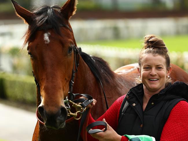 SYDNEY, AUSTRALIA - JUNE 15: Co-trainer Leah Gavranich celebrates after Aaron Bullock riding Know Thyself wins Race 3 TAB Highway during Winter Cup Day - Sydney Racing at Rosehill Gardens on June 15, 2024 in Sydney, Australia. (Photo by Jeremy Ng/Getty Images)