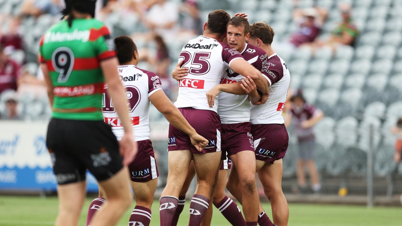 The Sea Eagles blitzed the Bunnies in their first trial game, with new recruit Luke Brooks setting up three tries in a terrific first half. Picture: Matt King/Getty Images