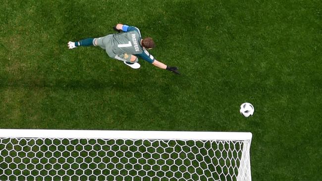 Russia's stand-in goalkeeper Igor Akinfeev watches a Mohamed Salah shot go wide. Picture: AFP