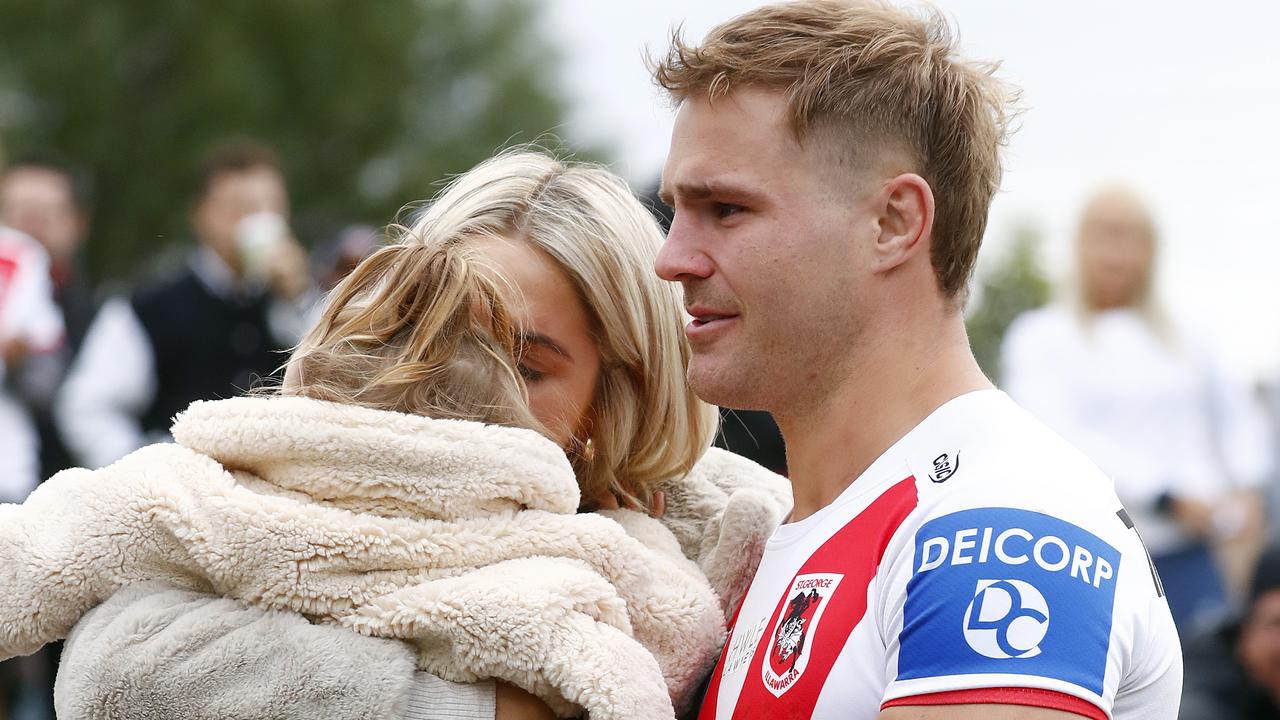 Jack de Belin with his partner Alyce Taylor after the game. Picture: Sam Ruttyn