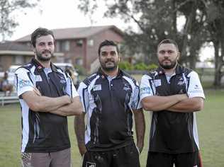 NEW BRIGADE: Lower Clarence Magpies 2017 recruits Alex McMillan, captain-coach Dan Randall and bulldozing prop Jirra Breckenridge are steaming into today's first trial match. Picture: Matthew Elkerton