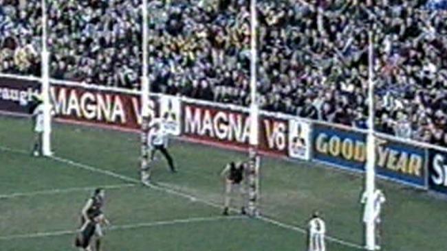 Footage shows Dustin Fletcher shaking the goal post against North Melbourne.