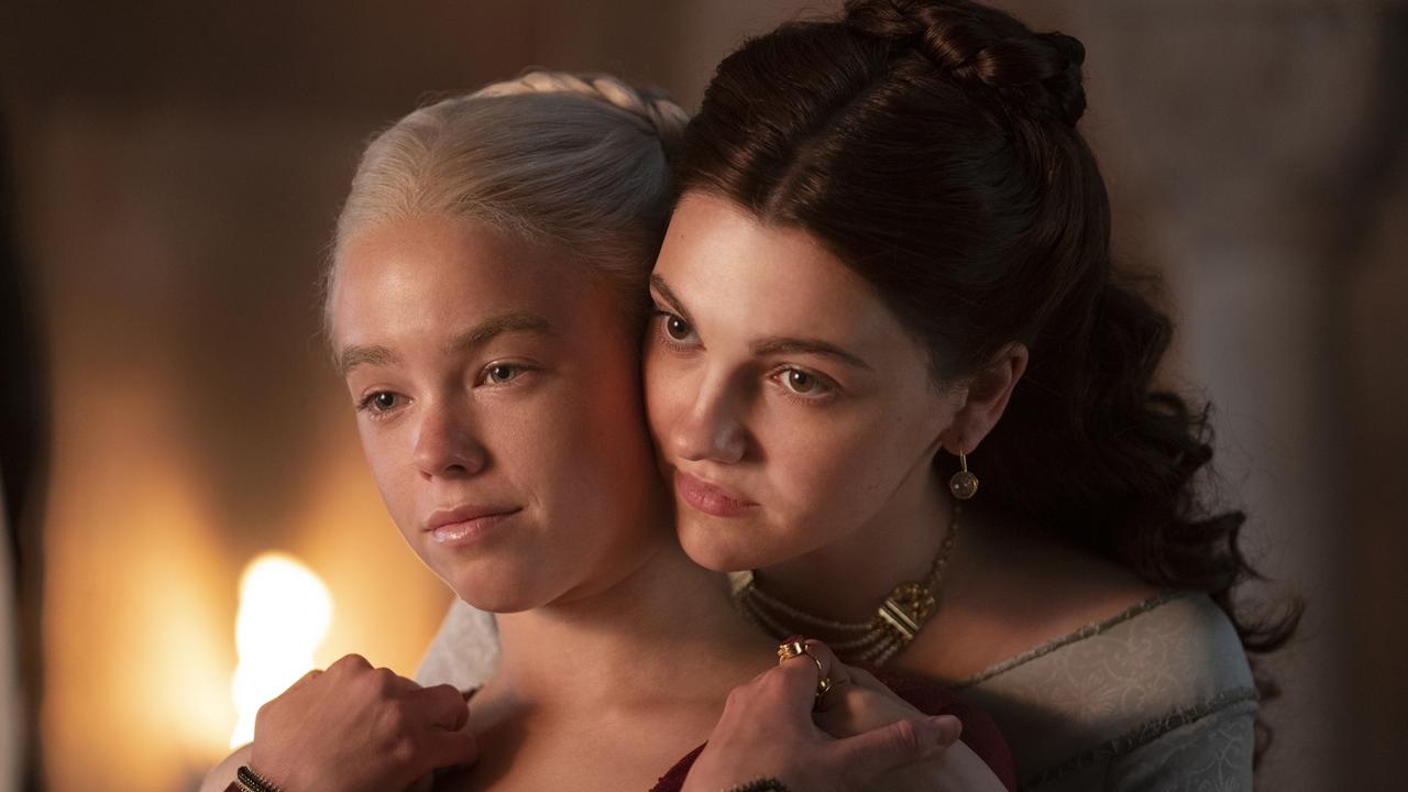 Milly Alcock as young Rhaenyra and Emily Carey as young Alicent. Picture: HBO/BINGE