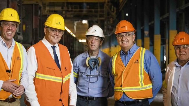 Prime Minister Scott Morrison visits the Portland aluminium smelter, to announce funding, standing with Dan Tehan, Ron Jorgensen, Michael Gollschewski and Tim Pallas. Picture: Nicole Cleary