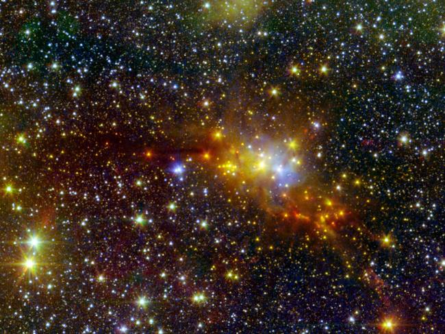 This NASA infrared image obtained on May 29, 2014 combines data from NASA's Spitzer Space Telescope with shorter-wavelength observations from the Two Micron All Sky Survey (2MASS).At a distance of around 750 light-years, these young stars reside within the confines of the constellation Serpens, or the "Serpent." This collection contains stars of only relatively low to moderate mass, lacking any of the massive and incredibly bright stars found in larger star-forming regions like the Orion nebula. Our sun is a star of moderate mass. Whether it formed in a low-mass stellar region like Serpens, or a high-mass stellar region like Orion, is an ongoing mystery. The stellar "hatchlings" in the Serpens Cloud Core represent the very youngest stages of stellar development. They appear as red, orange and yellow points clustered near the center of the image. Other red features include jets of material ejected from these young stars. Some mature stars that are not in the nebula appear yellowish due to dust obscuring our view at shorter, bluer wavelengths.They only become detectable at much longer wavelengths of light. The inner Serpens Cloud Core was assembled from 82 separate snapshots totaling a 16.2 hours of Spitzer observing time. Serpens is one of several star-forming regions targeted by the Young Stellar Object Variability (YSOVAR) project, which conducted repeated observations in each area to look for changes in brightness in the baby stars. Spitzer observations at wavelengths of 3.5 and 4.6 microns are shown in green and red, respectively. 2MASS data at 1.3 microns is displayed as blue. These observations date from Spitzer's warm mission phase, following the depletion of its liquid coolant in 2009. AFP PHOTO/NASA/JPL-CALTECH/2MASS/HANDOUT = RESTRICTED TO EDITORIAL USE - MANDATORY CREDIT "AFP PHOTO /NASA/JPL-CALTECH/2MASS / HANDOUT" - NO MARKETING NO ADVERTISING CAMPAIGNS - NO A LA CARTE SALES/DISTRIBUTED AS A SERVICE TO CLIENTS =