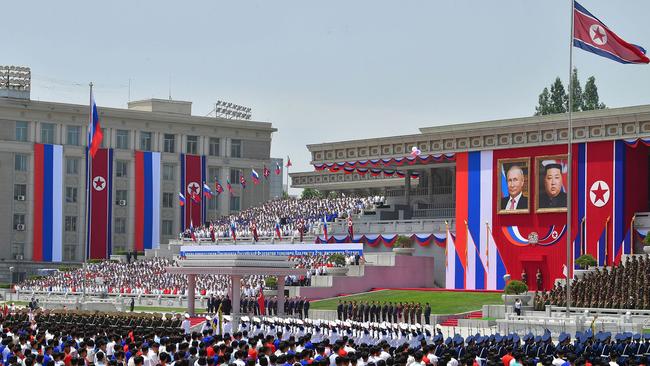 The welcoming ceremony at Kim Il Sung Square in Pyongyang for Vladimir Putin. Picture: AFP.