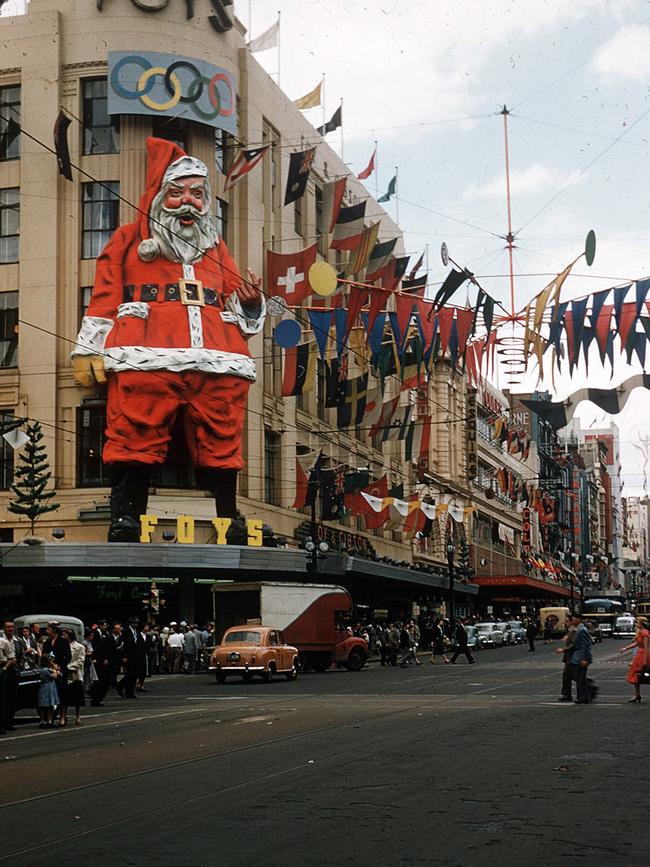 Foy’s department store at the corner of Bourke and Swanston streets during the 1956 Olympics. Picture: Albert Fowler