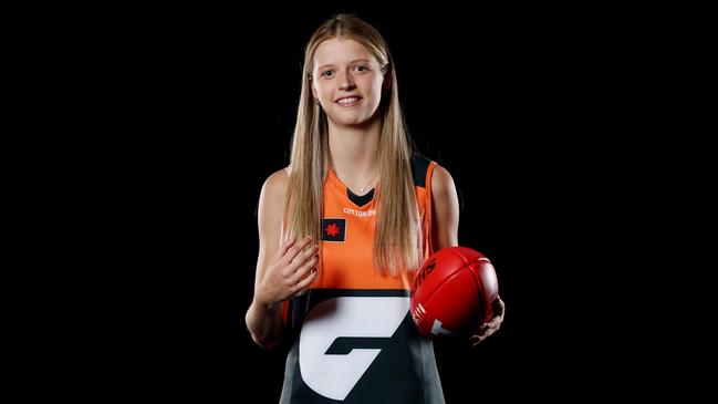 MELBOURNE, AUSTRALIA - DECEMBER 16: Sara Howley of the Giants poses during the 2024 Telstra AFLW Draft at Marvel Stadium on December 16, 2024 in Melbourne, Australia. (Photo by Morgan Hancock/AFL Photos/Getty Images)