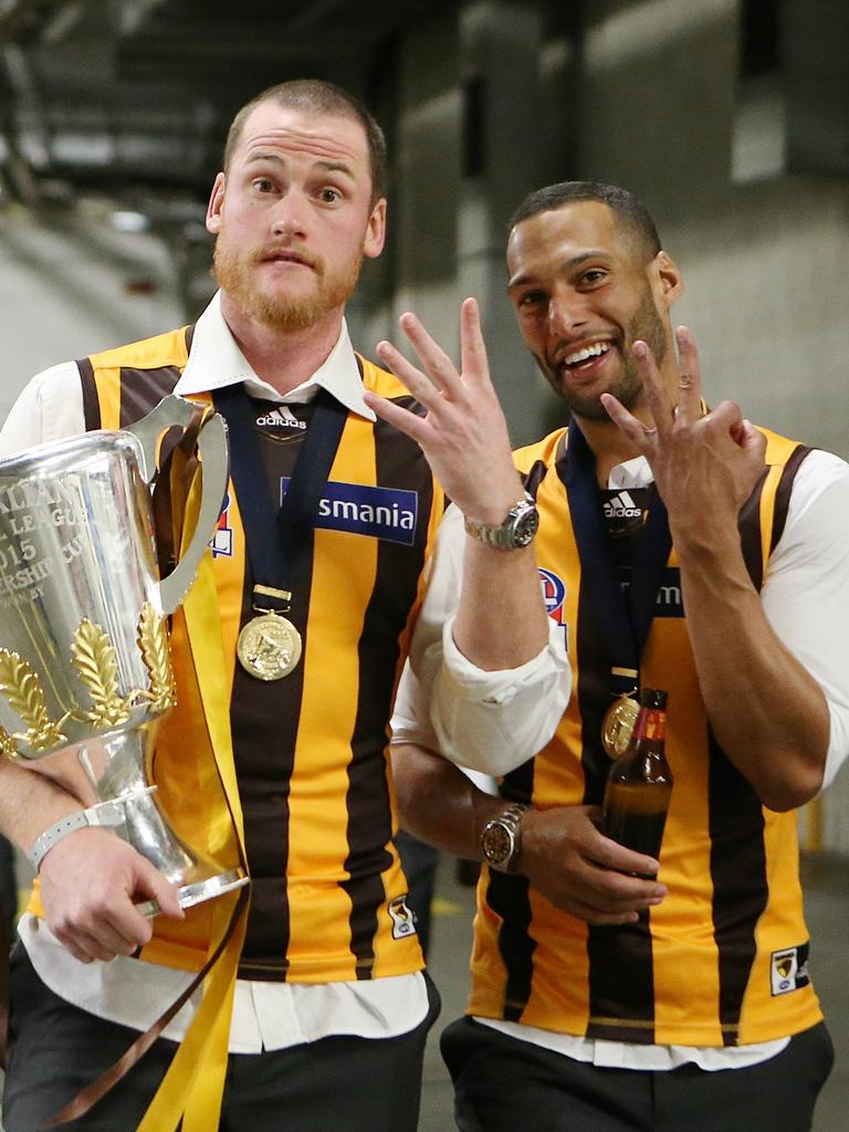 Roughead with premiership teammate Josh Gibson. Picture: Wayne Ludbey