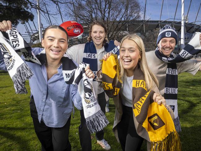 Footy fans Madison Cloke, Tom Ryan, Sammy Bendall and Jacob Martin. Picture: Wayne Taylor