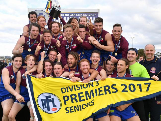 Banyule celebrates its 2017 Division 2 premiership. Picture: Andy Brownbill