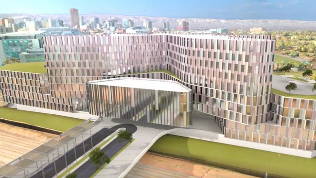 Artist impression of the exterior of the $1.95 billion Women’s and Children’s Hospital, showing the air bridge.