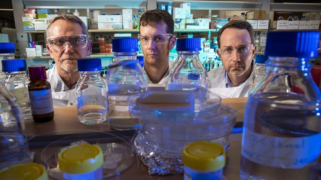 On a quest: Professor Paul Young, Associate Professor Keith Chappell and Professor Trent Munro of the University of Queensland’s Covid-19 vaccine leadership team. Picture: Glenn Hunt.