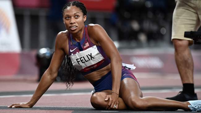 Allyson Felix reacts after winning bronze in the women’s 400m final. Picture: AFP Photos