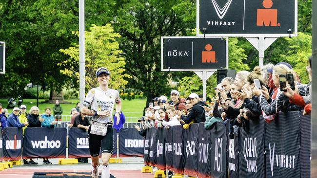 American triathlete Chelsea Sodoro wins the female Ironman 70.3 Tasmania in Hobart on Sunday 4th February 2024. Picture: Linda Higginson