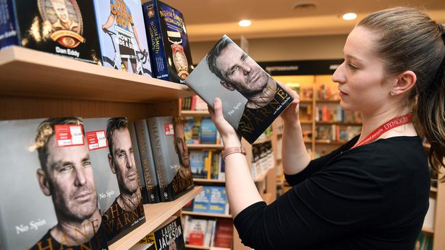 Shane Warne's new autobiography No Spin on the bookshelf in a Melbourne bookstore.