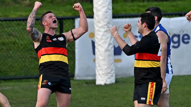 WRFL: Suns’ coach Dean Cachia celebrates a goal. Picture: Andy Brownbill