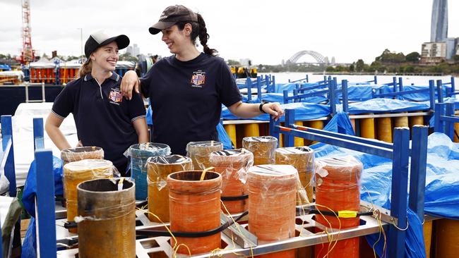 Georgia Foti with cousin Elena Colosi on the firework barge. Picture: Sam Ruttyn