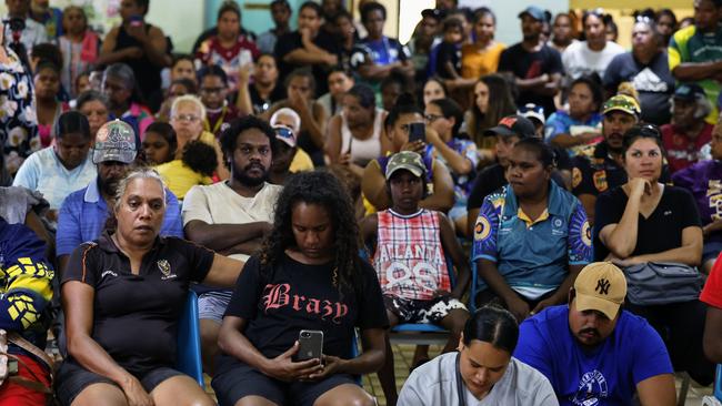 A large crowd gathers at the Mareeba Community Church Fellowship centre to listen to Acting Superintendent Kevin Goan speak about the police investigation into the shooting death of Aubrey Donahue. Mr Donahue was shot dead by Queensland Police officers after an hours-long standoff at a Love Street home on Saturday afternoon. Picture: Brendan Radke