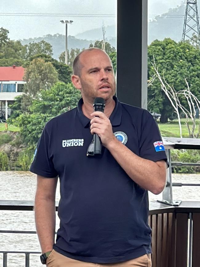 Plumbers Union Central Queensland organiser Chris McJannett spoke at the "Stop violence against women" rally at Rockhampton's Fitzroy Riverbank on May 4, 2024.