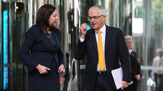 Premier Annastacia Palaszczuk leaves Waterfront Place with Prime Minister Malcolm Turnbull after discussing the Cross River Rail funding and the impact of Cyclone Debbie in North Queensland. Picture: Claudia Baxter