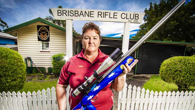 Jenni Hausler outside the Brisbane Rifle Club. Picture: Nigel Hallett