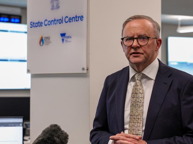 MELBOURNE, AUSTRALIA - JANUARY 10: Australian Prime Minister Anthony Albanese talks to press during a visit to Victoria's State Control Centre on January 10, 2024 in Melbourne, Australia. Albanese visited Victoria's flood control centre as vast areas of central Victoria brace for more flooding. (Photo by Tamati Smith/Getty Images)