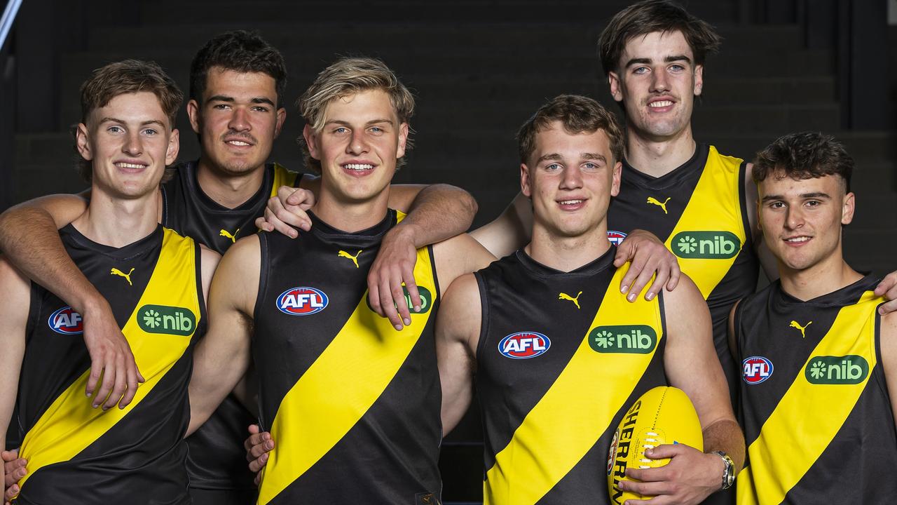 Taj Hotton (right) is still recovering from an ACL, but the Tigers’ other five first-round picks are all in the selection frame for their two practice matches next month. Picture: Daniel Pockett / Getty Images