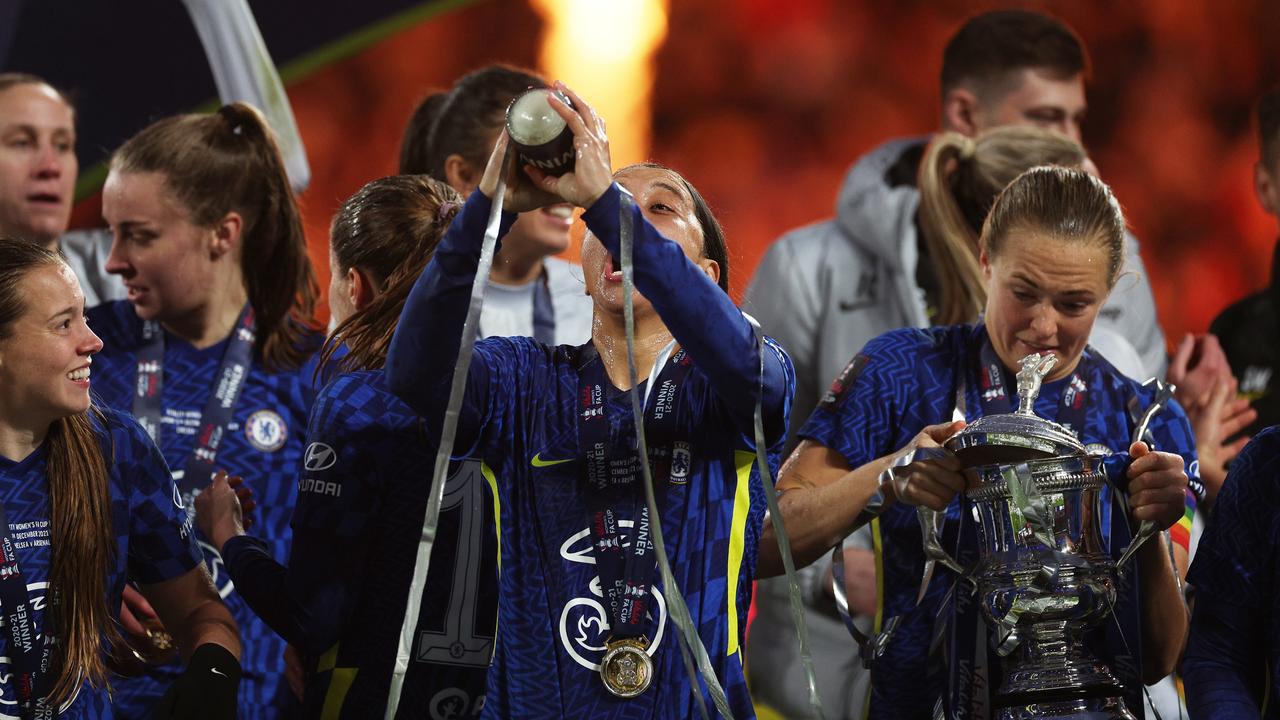 Sam Kerr celebrates with champagne after Chelsea’s win over Arsenal in the Women's FA Cup Final. Picture: Getty Images