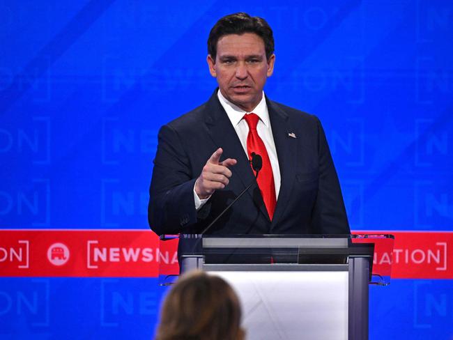 Florida Governor Ron DeSantis gestures during the fourth Republican presidential primary debate at the University of Alabama in Tuscaloosa, Alabama, on December 6, 2023. (Photo by Jim WATSON / AFP)