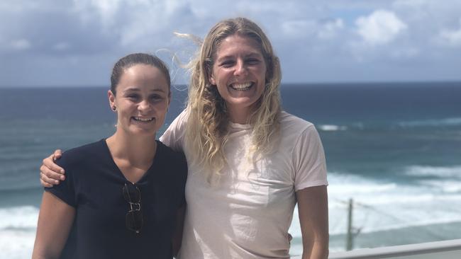 Ash Barty with surfer Stephanie Gilmore at the opening event of the World Tour on the Gold Coast.