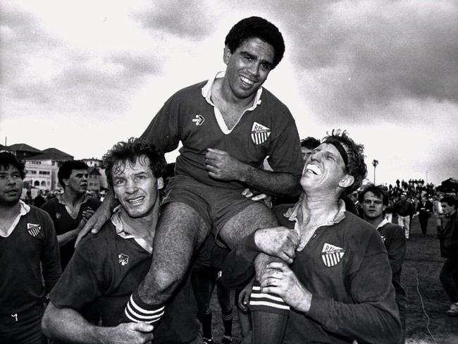 Mark Ella is chaired off after his final game for Randwick. Picture: Colin Murty