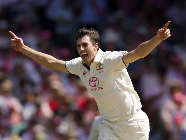 SYDNEY, AUSTRALIA - JANUARY 05: Pat Cummins of Australia celebrates after dismissing Ravindra Jadeja of India during day three of the Fifth Men's Test Match in the series between Australia and India at Sydney Cricket Ground on January 05, 2025 in Sydney, Australia. (Photo by Darrian Traynor/Getty Images)