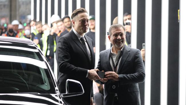 Tesla CEO Elon Musk (L) attends the official opening of the new Tesla electric car manufacturing plant, near Gruenheide, Germany. Picture: Christian Marquardt/Getty Images