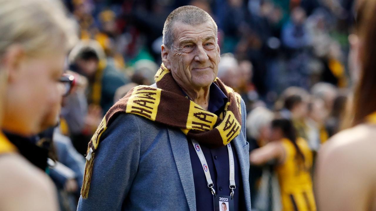MELBOURNE, AUSTRALIA - SEPTEMBER 04: Jeff Kennett, President of the Hawthorn Football Club looks on during the 2022 S7 AFLW Round 02 match between the Hawthorn Hawks and the St Kilda Saints at Box Hill City Oval on September 4, 2022 in Melbourne, Australia. (Photo by Dylan Burns/AFL Photos via Getty Images)
